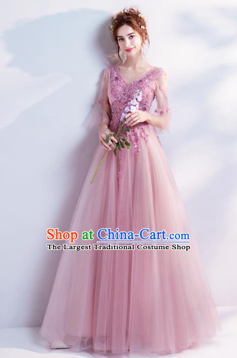 Handmade Pink Lace Evening Dress Compere Costume Catwalks Angel Full Dress for Women