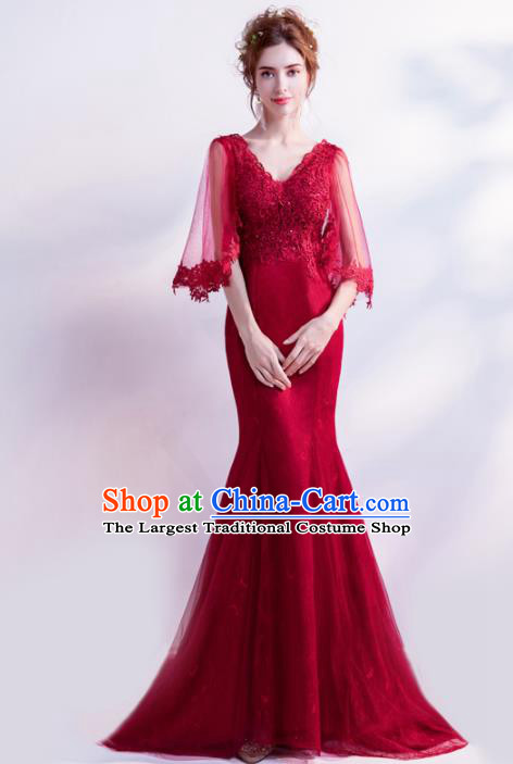 Handmade Wine Red Evening Dress Compere Costume Catwalks Angel Full Dress for Women