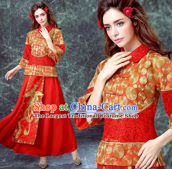 Ancient Chinese Wedding Embroidered Costumes Traditional Bride Red Xiuhe Suits for Women