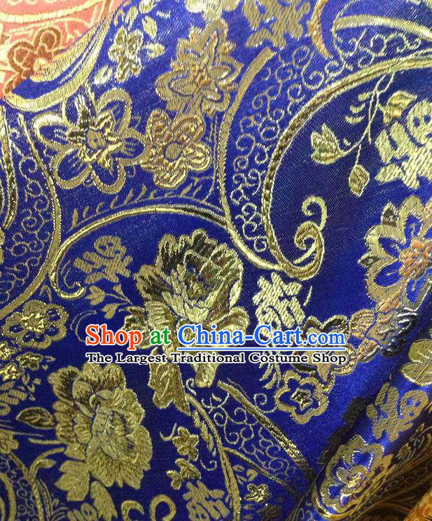 Chinese Traditional Royalblue Brocade Fabric Tang Suit Classical Peony Flowers Pattern Design Silk Material Satin Drapery