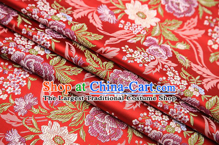 Chinese Traditional Bride Apparel Fabric Red Brocade Classical Peony Pattern Design Material Satin Drapery