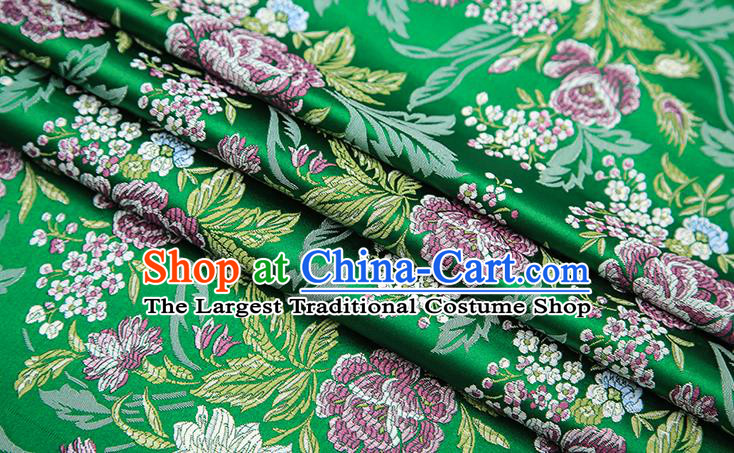 Chinese Traditional Bride Apparel Fabric Green Brocade Classical Peony Pattern Design Material Satin Drapery