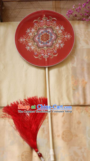 Chinese Ancient Palace Fans Hanfu Red Silk Round Fans for Women