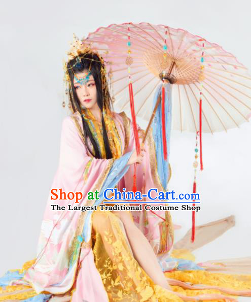 Asian Chinese Cosplay Peri Hanfu Dress Ancient Imperial Empress Embroidered Costumes and Headpiece Complete Set