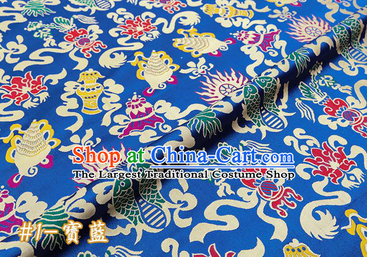 Chinese Traditional Blue Nanjing Brocade Satin Fabric Tang Suit Material Classical Double Fishes Pattern Design Drapery
