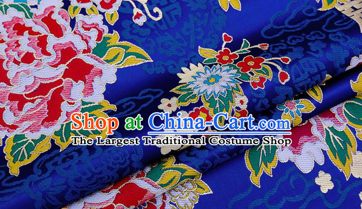 Chinese Traditional Royalblue Nanjing Brocade Satin Fabric Tang Suit Material Classical Longevity Peony Pattern Design Drapery