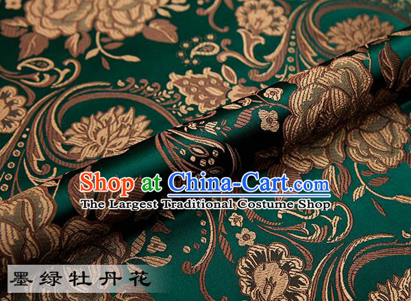 Chinese Traditional Atrovirens Satin Classical Peony Pattern Design Brocade Fabric Tang Suit Material Drapery