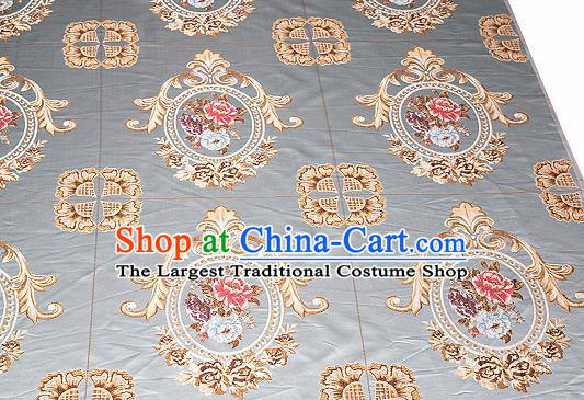 Top Grade Classical Flocked Peony Pattern Blue Brocade Chinese Traditional Garment Fabric Cushion Satin Material Drapery