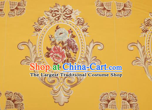 Top Grade Classical Flocked Peony Pattern Yellow Brocade Chinese Traditional Garment Fabric Cushion Satin Material Drapery