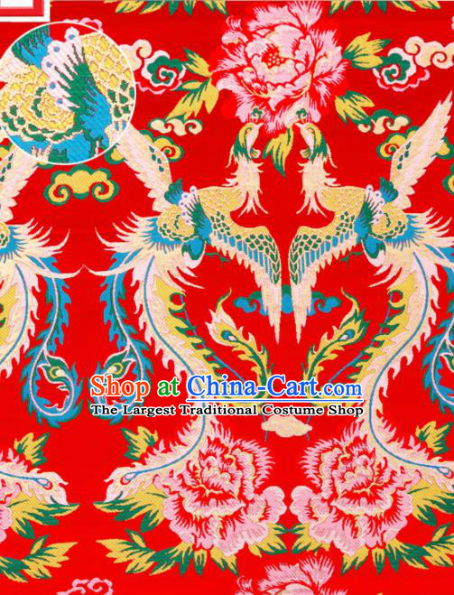 Top Grade Classical Phoenix Peony Pattern Red Nanjing Brocade Chinese Traditional Garment Fabric Tang Suit Satin Material Drapery