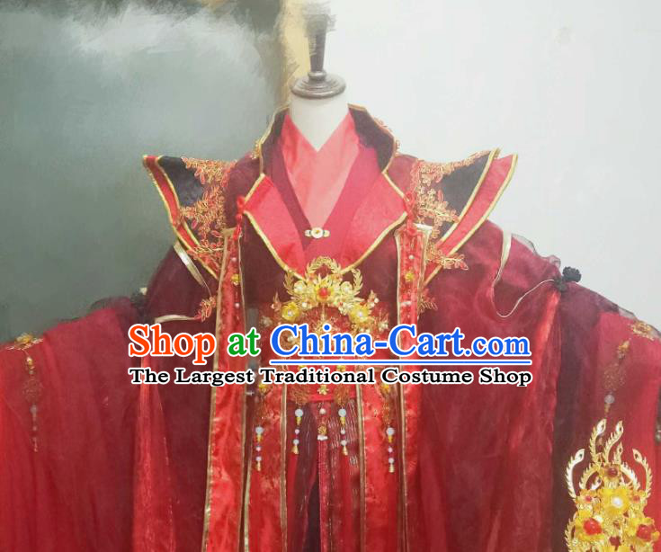 Chinese Ancient Cosplay Wedding Costumes Traditional Princess Embroidered Red Hanfu Dress and Headpiece Complete Set