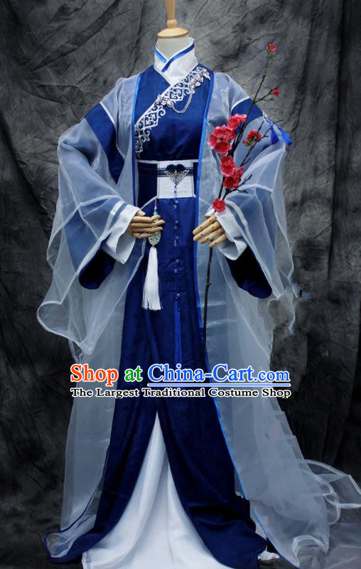 Chinese Ancient Cosplay Swordsman Blue Costumes Traditional Prince Hanfu Clothing for Men