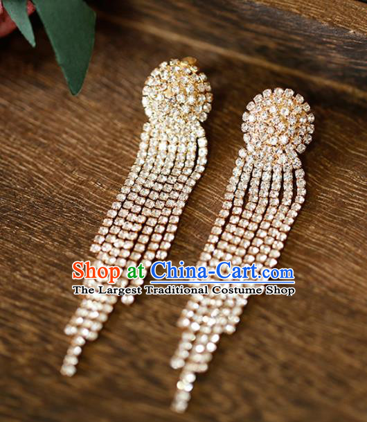 Top Grade Handmade Crystal Tassel Golden Earrings Bride Jewelry Accessories for Women