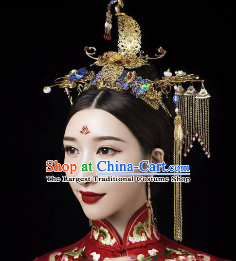 Chinese Traditional Queen Cloisonne Phoenix Coronet Hairpins Ancient Handmade Xiuhe Suit Hair Accessories for Women