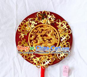 Chinese Traditional Wedding Carving Dragon Round Fans Ancient Bride Handmade Red Palace Fans for Women