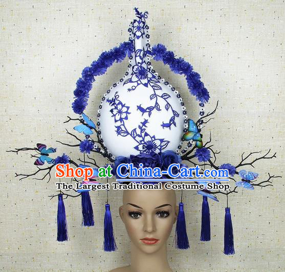 Top Grade Chinese Handmade Blue Butterfly Vase Headdress Traditional Hair Accessories for Women