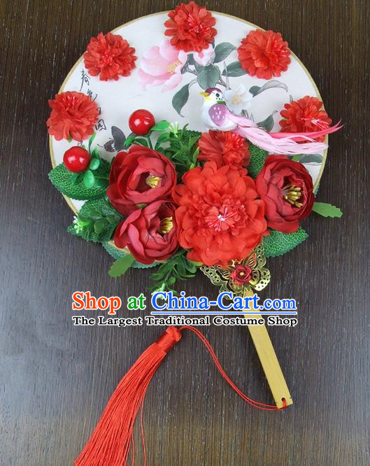 Chinese Traditional Wedding Round Fans Ancient Bride Handmade Red Peony Palace Fans for Women