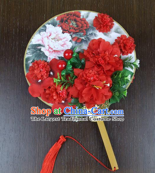 Chinese Traditional Wedding Red Peony Round Fans Ancient Bride Handmade Palace Fans for Women
