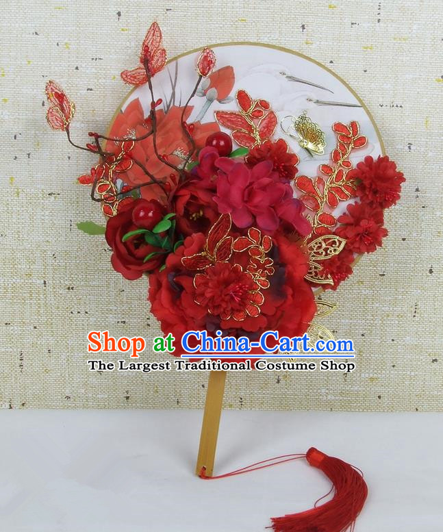 Chinese Traditional Wedding Red Peony Silk Round Fans Ancient Bride Handmade Palace Fans for Women