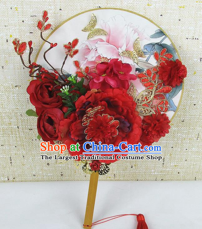 Chinese Traditional Wedding Red Peony Flowers Round Fans Ancient Bride Handmade Palace Fans for Women