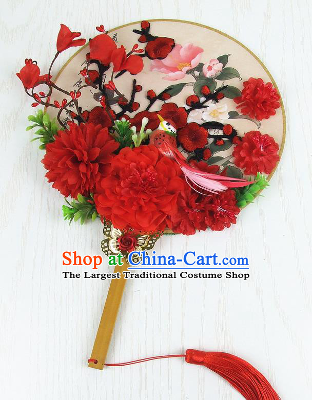 Chinese Traditional Wedding Embroidered Round Fans Ancient Bride Handmade Red Peony Palace Fans for Women