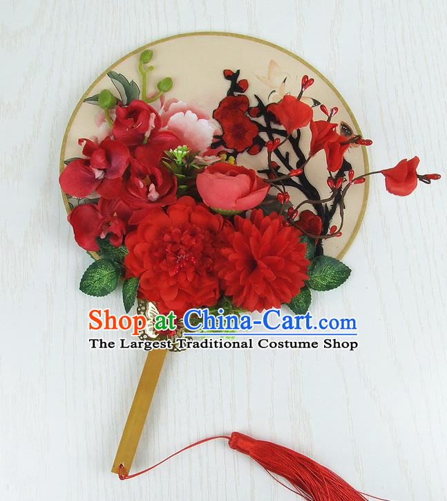 Chinese Traditional Wedding Round Fans Ancient Bride Handmade Red Peony Embroidered Palace Fans for Women