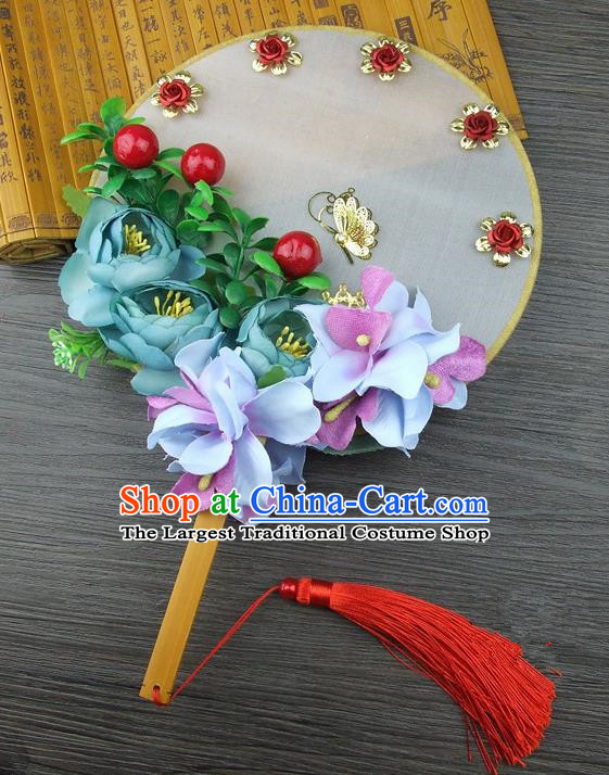 Chinese Traditional Wedding Green Flowers Round Fans Ancient Bride Handmade Palace Fans for Women