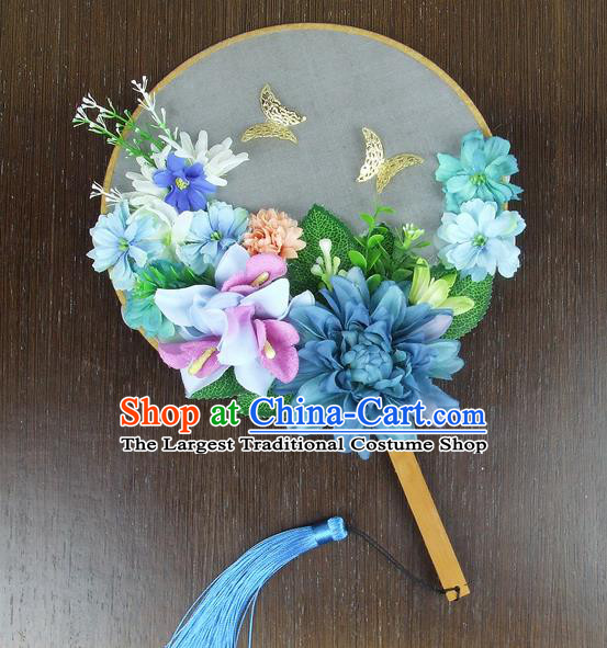 Chinese Traditional Wedding Blue Peony Round Fans Ancient Bride Handmade Palace Fans for Women