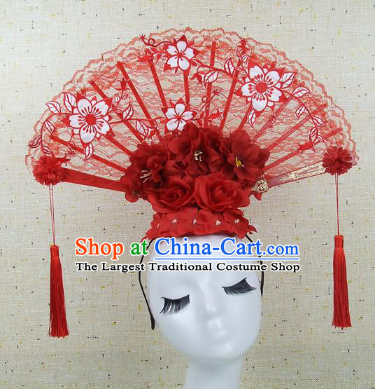 Top Grade Chinese Handmade Red Lace Hair Clasp Headdress Traditional Hair Accessories for Women