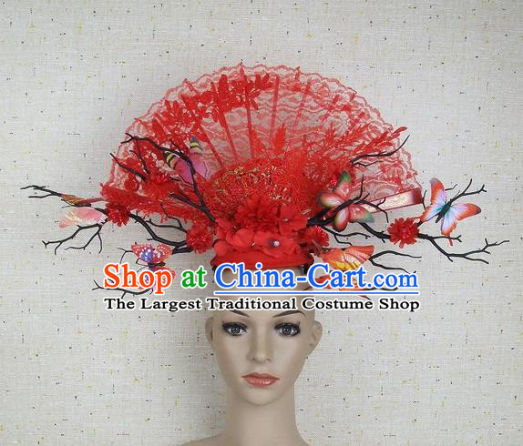 Top Grade Chinese Handmade Red Lace Butterfly Hair Clasp Headdress Traditional Hair Accessories for Women