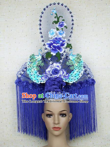 Top Grade Chinese Handmade Blue Tassel Peacock Headdress Traditional Hair Accessories for Women