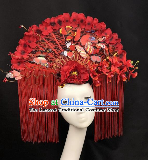 Chinese Traditional Palace Exaggerated Headdress Catwalks Red Tassel Butterfly Hair Accessories for Women