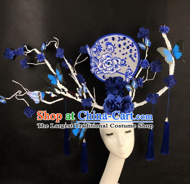 Chinese Traditional Palace Exaggerated Headdress Catwalks Blue Flowers Branch Hair Accessories for Women