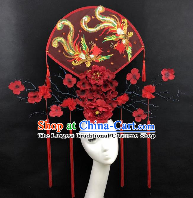 Chinese Traditional Palace Exaggerated Red Headdress Catwalks Embroidered Phoenix Hair Accessories for Women