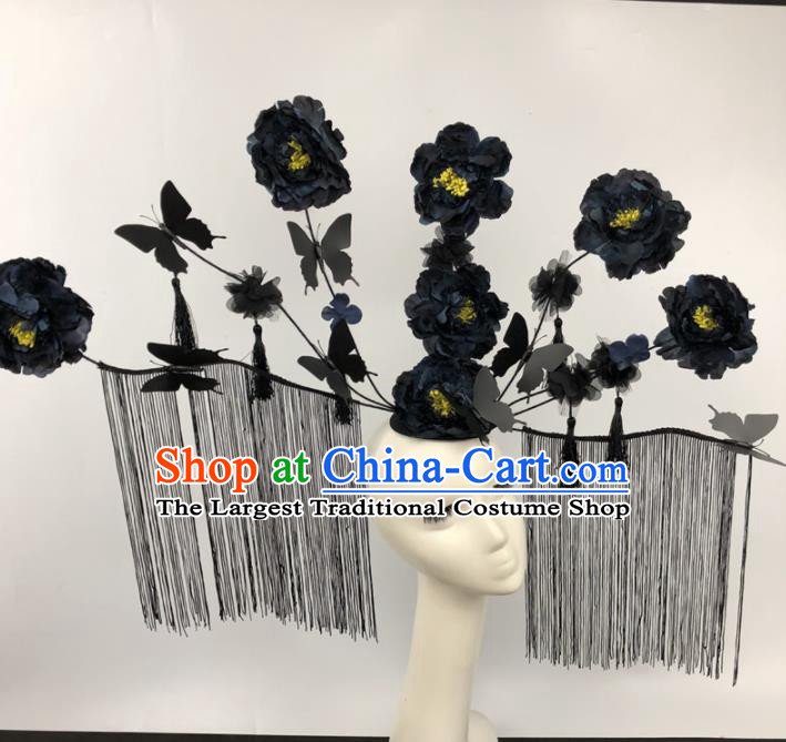 Chinese Traditional Palace Exaggerated Headdress Catwalks Black Peony Hair Accessories for Women