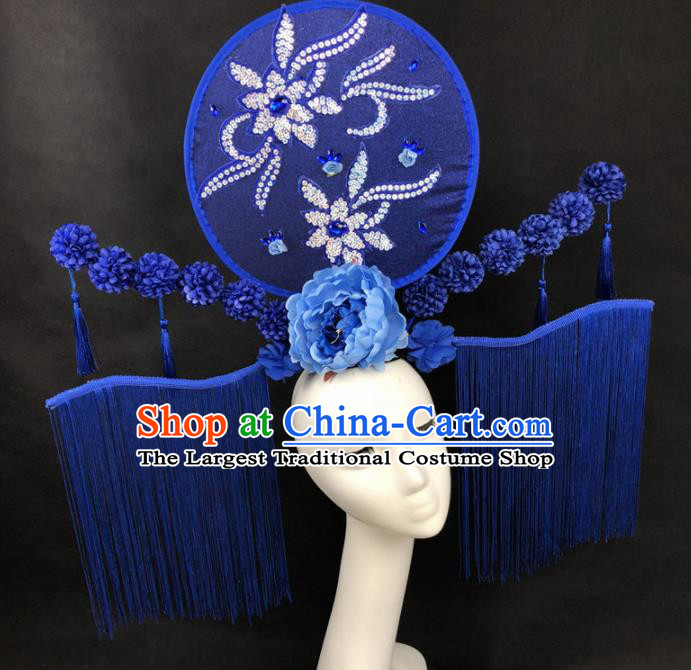 Chinese Traditional Palace Exaggerated Headdress Catwalks Blue Tassel Hair Accessories for Women
