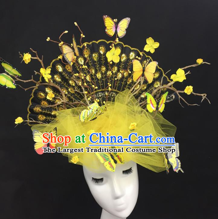 Top Grade Catwalks Hair Accessories Halloween Brazilian Carnival Yellow Veil Butterfly Headdress for Kids
