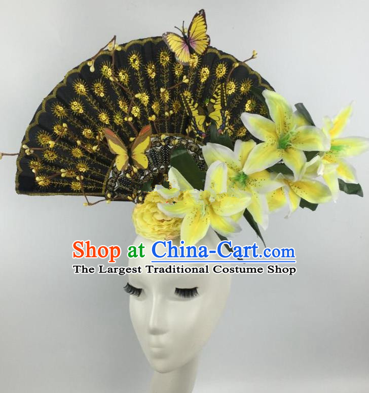 Chinese Traditional Exaggerated Headdress Palace Catwalks Yellow Lily Flowers Hair Accessories for Women