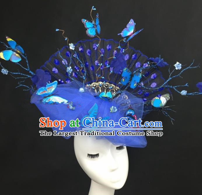 Chinese Traditional Exaggerated Headdress Palace Catwalks Blue Veil Butterfly Hair Accessories for Women