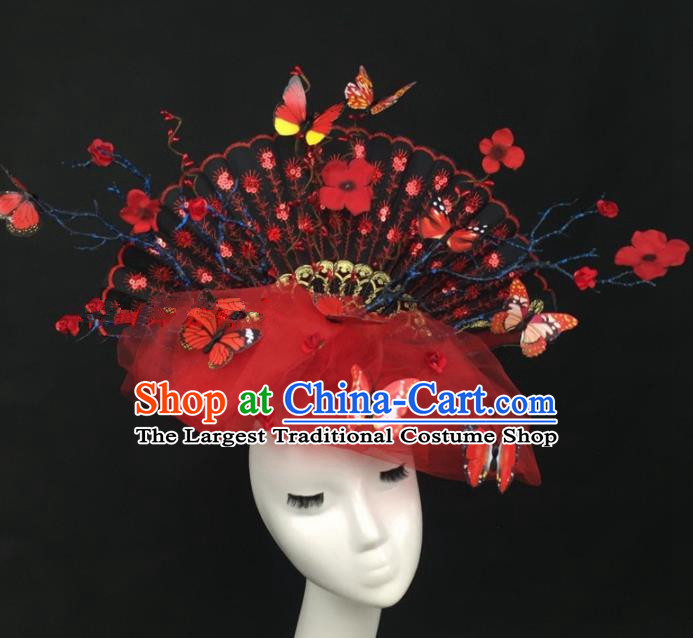 Chinese Traditional Exaggerated Headdress Palace Catwalks Red Veil Butterfly Hair Accessories for Women