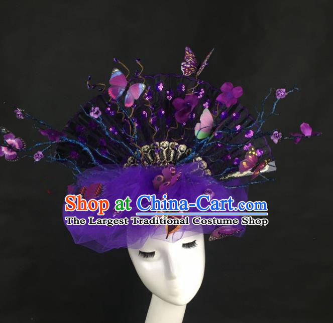 Chinese Traditional Exaggerated Headdress Palace Catwalks Purple Veil Butterfly Hair Accessories for Women