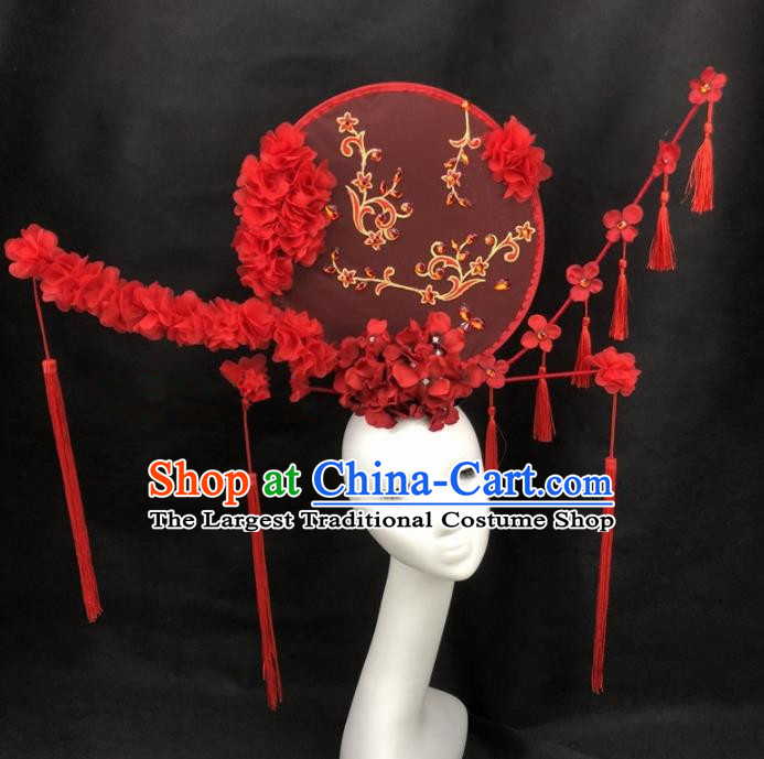 Chinese Traditional Exaggerated Headdress Palace Catwalks Red Flowers Hair Accessories for Women
