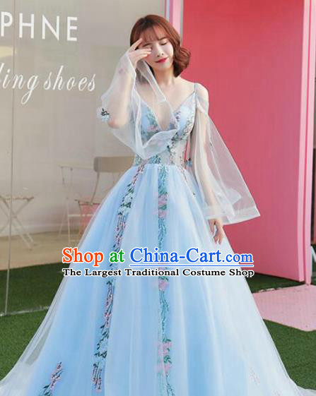 Top Grade Catwalks Costume Flowers Fairy Blue Veil Full Dress for Women