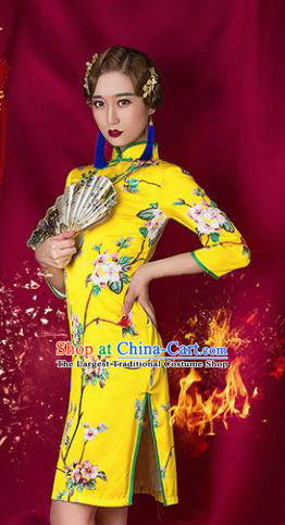 Asian Chinese National Costume Traditional Yellow Cheongsam Qipao Dress for Women
