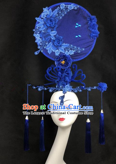 Chinese Traditional Exaggerated Headdress Ancient Catwalks Blue Peony Hair Accessories for Women