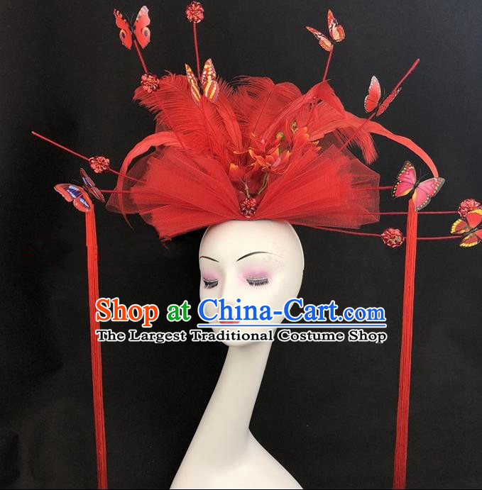 Chinese Traditional Exaggerated Headdress Children Catwalks Red Veil Hair Accessories for Kids
