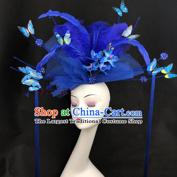 Chinese Traditional Exaggerated Headdress Children Catwalks Blue Veil Feather Hair Accessories for Kids
