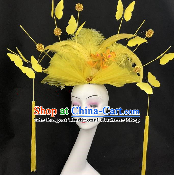 Chinese Traditional Exaggerated Headdress Children Catwalks Yellow Veil Feather Hair Accessories for Kids