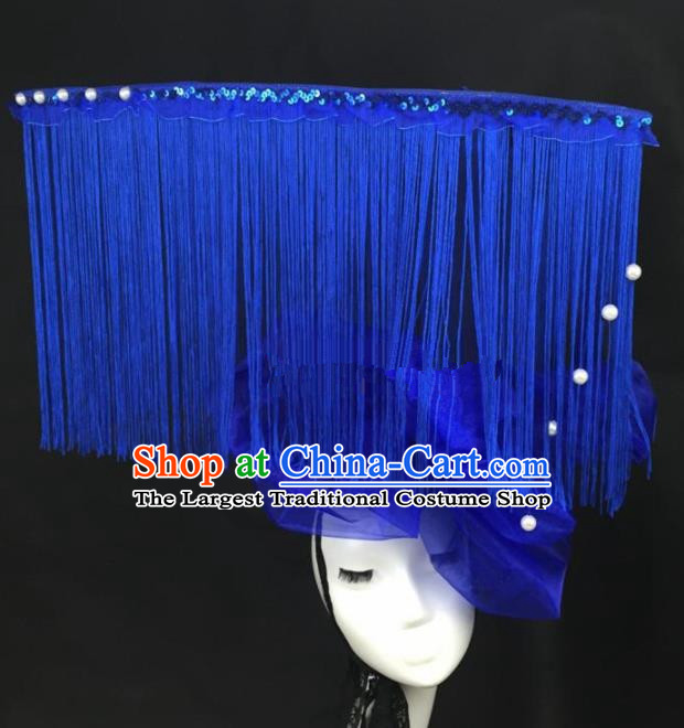 Top Grade Catwalks Hair Accessories Halloween Brazilian Carnival Blue Veil Tassel Headdress for Women