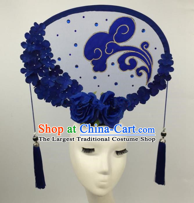 Chinese Traditional Exaggerated Palace Headdress Catwalks Blue Flowers Hair Accessories for Women